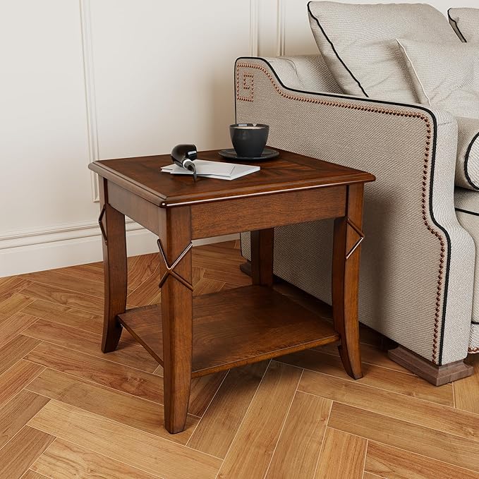 Solid Wood End Table with Storage Shelf, Vintage Rectangle Sofa Side Table with Splicing Tabletop and Carved Leg, BesideTelephone Table Cherry Brown,19.7 * 17.7 * 19.7in CJZ-DR200