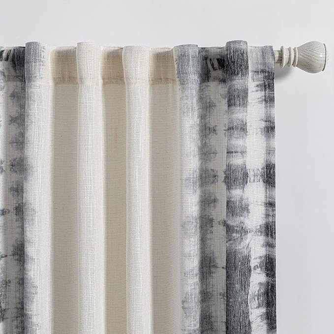 MEETSKY Flax Linen Sheer Curtains 95 Inches 2 Panels Light Filtering Window Modern Cotton Curtains for Living Room Printed Soft Rod Pocket Decorative Curtains for Office