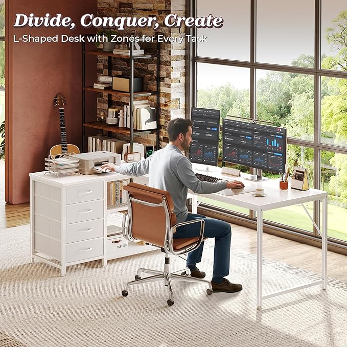 PRAISUN 61" L Shaped Desk with Power Outlets and USB-C Port, Reversible Computer Corner Office Desk with 4 Fabric Drawers and 2 Height-Adjustable Shelves, Large for Gaming Writing Work Study, White