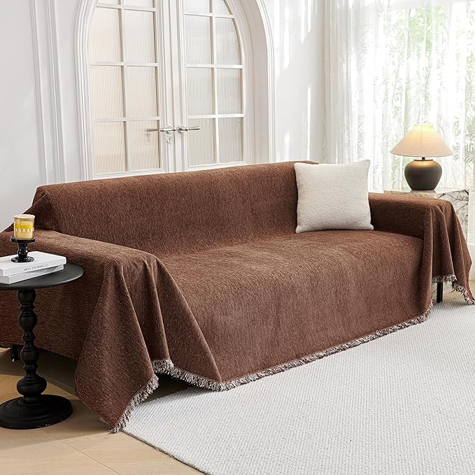 MYSKY HOME Couch Cover for Dogs Washable Couch Covers Couch Covers for Dogs Couch Cover 2 Cushion Sofa Non Slip Dogs Furniture Protector with Tassels Chenille Sofa Covers for Pets, 71"x102", Chocolate
