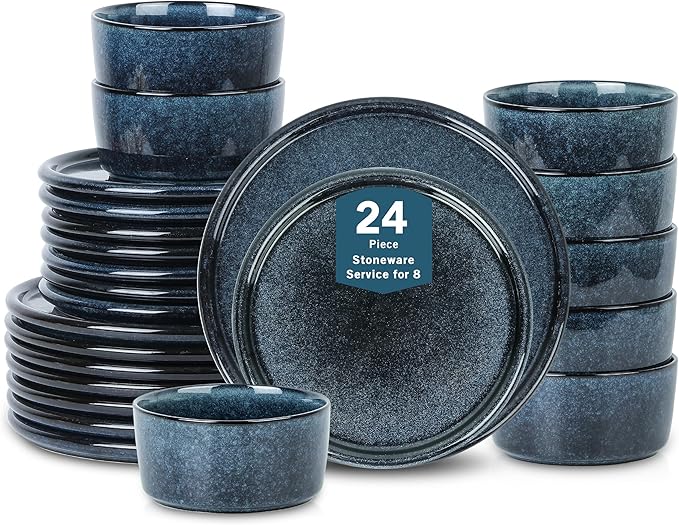 Stone Lain Eden 24-Piece Dinnerware Set Stoneware, Plates and Bowls Set, Dishwasher and Microwave Safe Dish, Dish Set for 8, Dark Blue