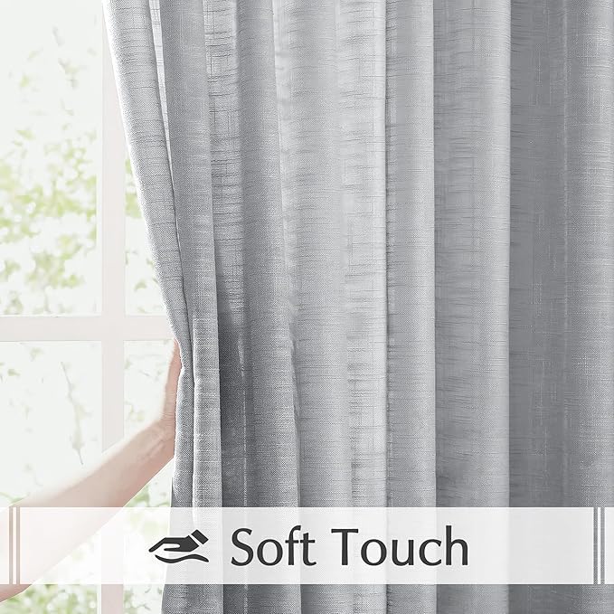 FMFUNCTEX Linen Semi Sheer Grey Curtains for Bedroom Living Room, Gray Curtain Panels 84 Inches Long Sheer Linen Textured Window Drapes Farmhouse Light Filtering 2 Panels Rod Pocket