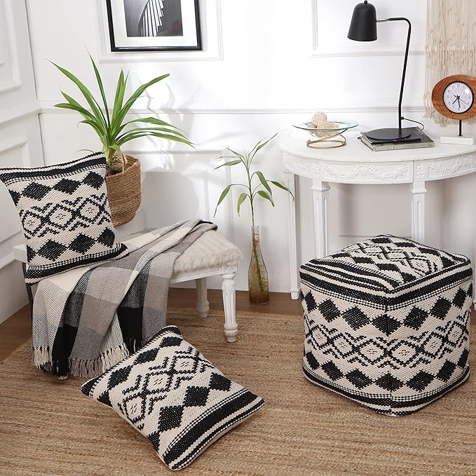 REDEARTH · Tufted Pouf Ottoman with Filler Textured Storage Cube Bean Bag Pouffe Footrest for Living Room, Bedroom, Nursery, Kidsroom; 100% Cotton (17.5"X17.5"X17.5", Linear Diamond Black)