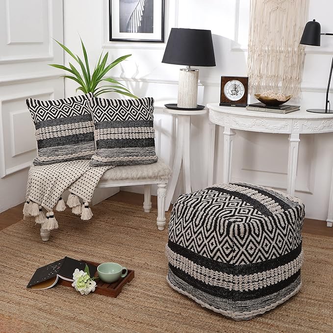 REDEARTH · Tufted Pouf Ottoman with Filler Textured Storage Cube Bean Bag Pouffe Footrest for Living Room, Bedroom, Nursery, Kidsroom; 100% Cotton (17.5"X17.5"X17.5", Char Delineate Black)