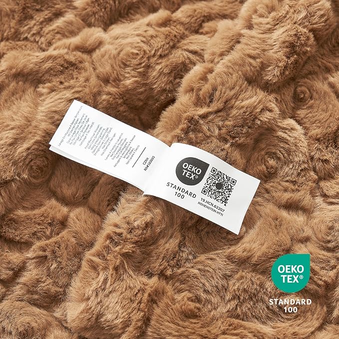 Cozy Bliss Faux Fur Throw Blanket for Couch, Fuzzy Soft Plush Thick Warm Fluffy Reversible Wave Textured Blanket for Sofa Bedroom Living Room, 55 * 70 Inches Brown