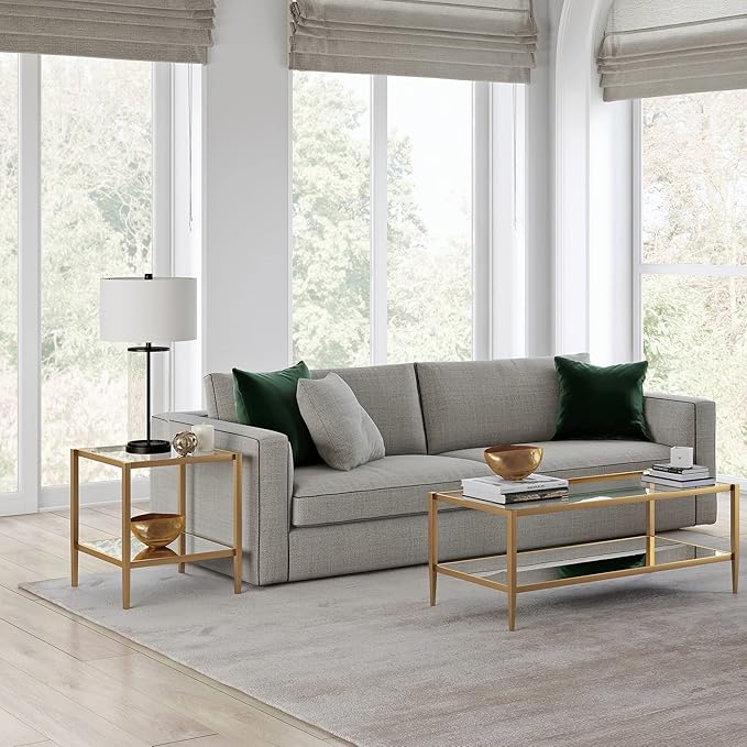 Henn&Hart 20" Wide Square Side Table with Mirror Shelf in Brass, Table for Living Room, Bedroom