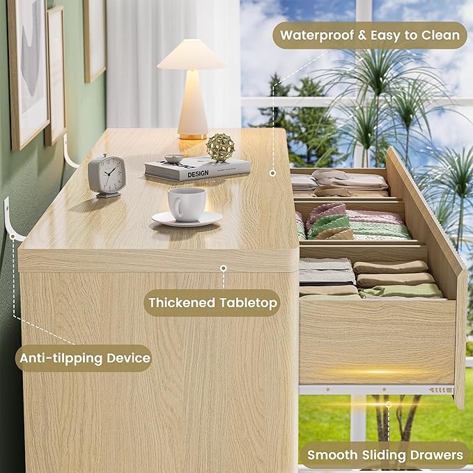 Fluted 9 Drawers Dresser, 57" Wide Dresser for Bedroom, Modern Chest of Drawers with Curved Profile, Handleless, Wood Large Dressers TV Stand with Organizer Storage, Living Room, Natural