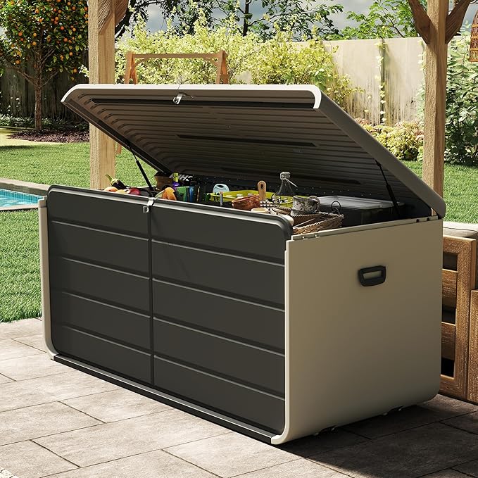 Domi 200 Gallon Resin Deck Box, Waterproof & UV-Resistant Outdoor Large Storage Box Lockable Storage Bin for Patio Cushions Pool Supplies Garden Tools and Delivery Storage