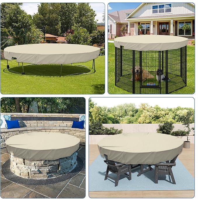 ECOOPTS 17 ft Waterproof Round Polyester Pool Cover for Above Ground Pools, Swimming Pool Cover Protector Winter Safety Cover (Beige)