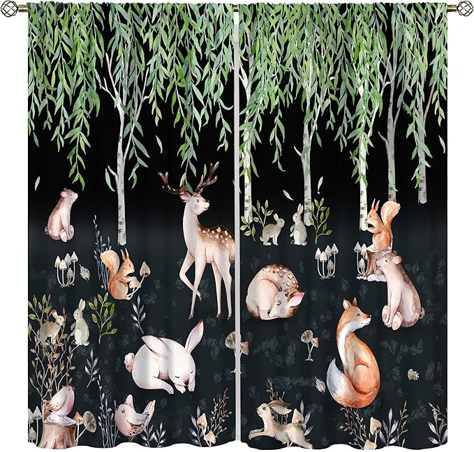 Forest Animal Curtains, Watercolor Cartoon Woodland Plants Animals Bears Moose Mushrooms Printed Curtains for Kids Boys and Girls Bedroom Window Drapes 72x63in