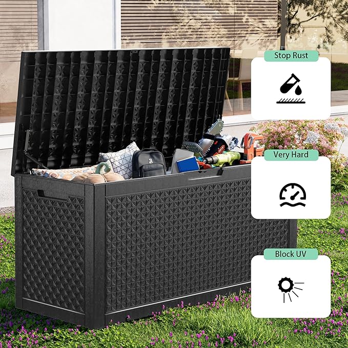 New 100 GallonOutdoor Storage Box,Resin Deck Boxes Waterproof, IndoorOutdoor Bin for Package Delivery, Patio Cushions, Gardening Tools, Lockable, UV Resistant