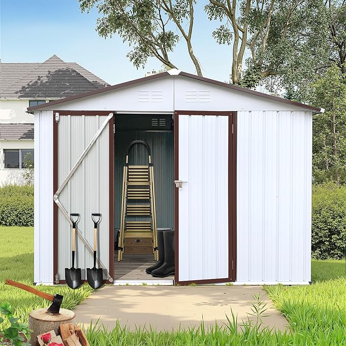 Storage Shed 8ft×6ft Classic Apex Roof Tool Shed Outdoor Storage Metal Garden Storage Sheds Tool Cabinet with Hinged Door Syste for Backyard, Patio, Poolside, White +Offee