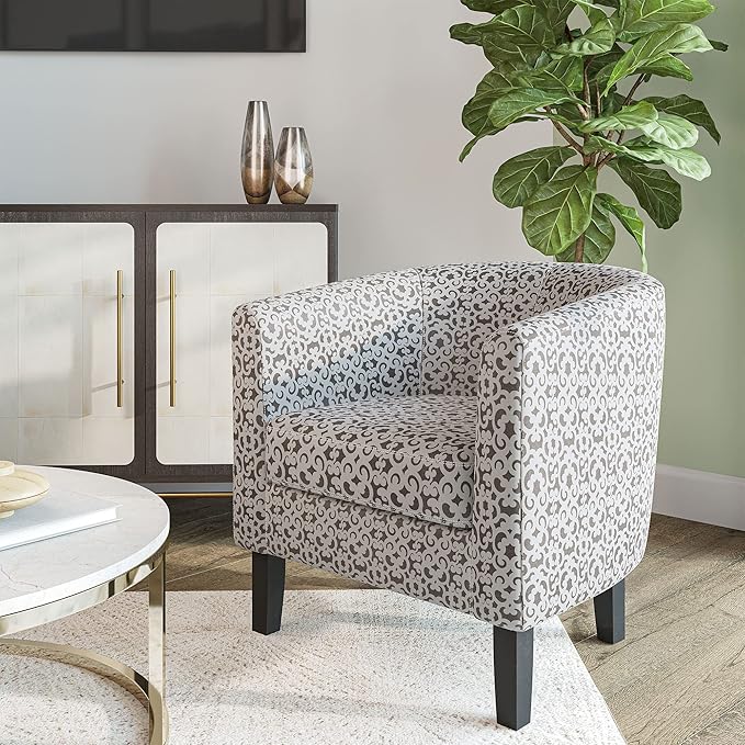 BELLEZE Accent Barrel Chair Set of 2, Linen Round Chair Club Tub Sofa Corner Chair with Flared Legs and Cozy Soft Padding for Living Room Bedroom Waiting Room - White & Brown