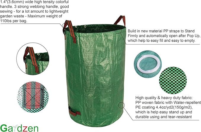 Gardzen 3-Pack 32 Gallon Yard Waste Bags, Reusable Heavy Duty Collapsible Garden Leaf Bags with Plastic Ring, Stand-Up Yard Waste Bin for Leaves, Lawn Debris & Grass Clippings