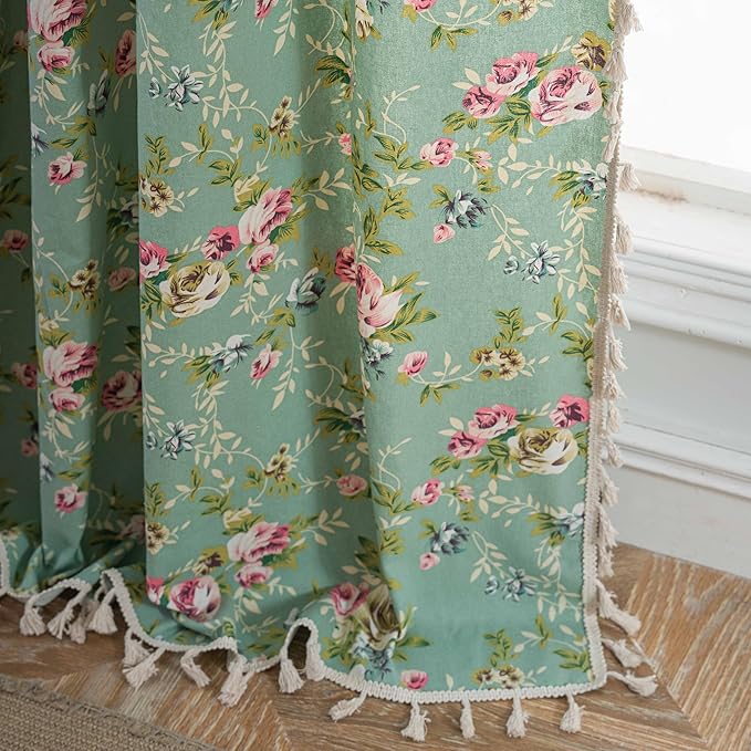 ENJOYBRIDAL Floral 84 Inch Curtains for Living Room Green Drapes Bedroom Semi Sheer Rod Pocket Floor Length Window Curtains 2 Panel Sets Boho Farmhouse Vintage Light Filtering Window Treatments