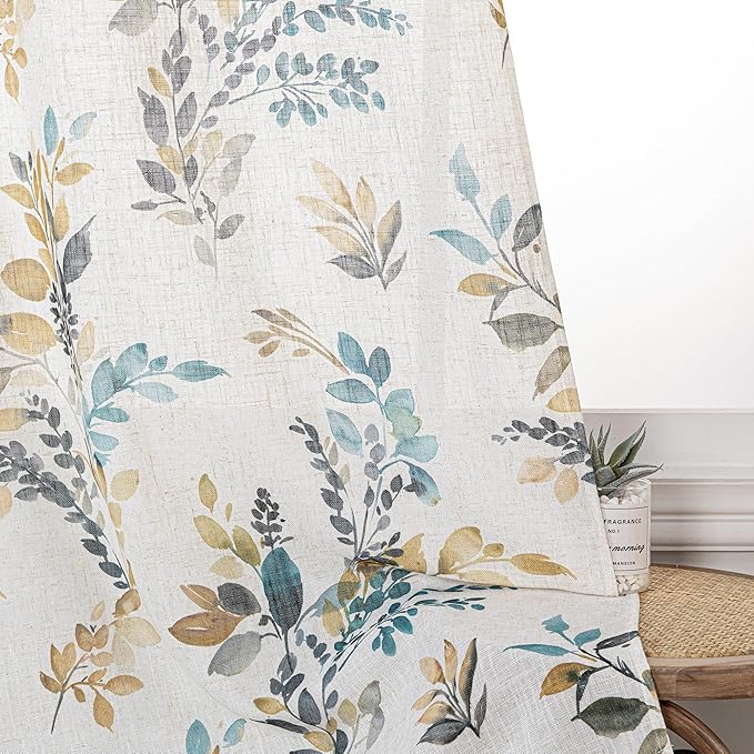 MYSKY HOME Linen Sheer Curtains for Living Room Leaf Patterned Semi Vertical Drapes Decor Farmhouse Style Texture for Dining Room Light Soften Privacy, Yellow and Blue, W52 x L90, Pack-2