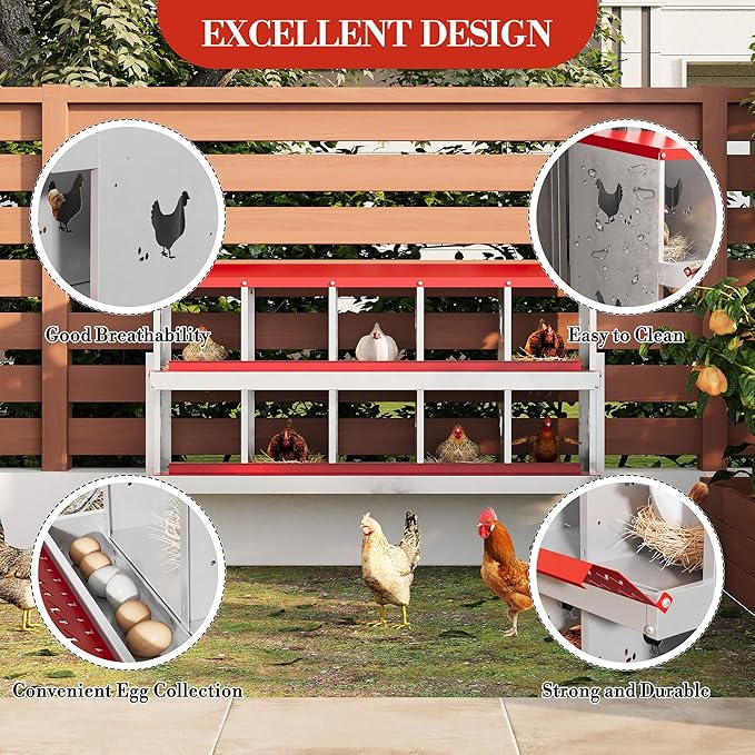 Heavy-Duty 10-Compartment Chicken Nesting Boxes with Roll Away Feature - Easy Clean Pull-Out Trays, Built-in Perch | Wall Mount/Free Standing Hen Laying Nests - Premium Poultry Egg Collection Solution