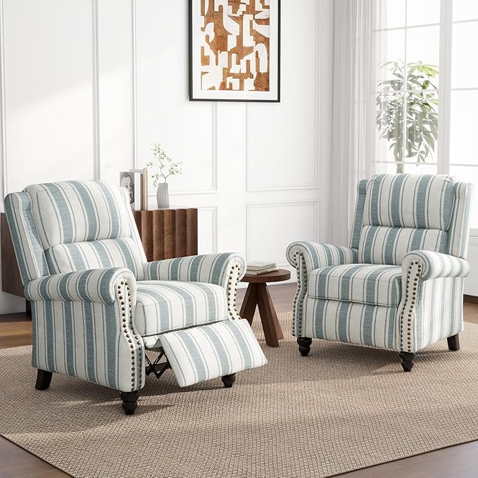 UIXE Pushback Recliner Chairs Set of 2, Fabric Armchair Push Back Accent Chair, Rivet Trim Club Chair Home Theater Overstuffed Single Sofa Reading Seat for Living Room, Stripe Blue