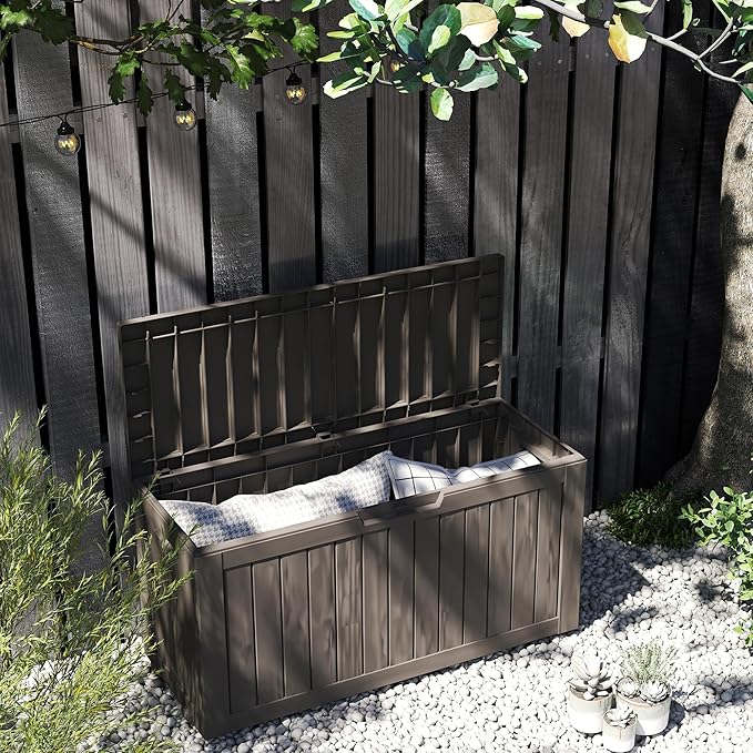 80GAL PLUS Rolling Brown Outdoor Deck Box with Lock Hole - Waterproof, SGS - Certified UV Protection, All - Weather Resin, Mobile Storage for Poolside or Patio Use, Easy Assembly