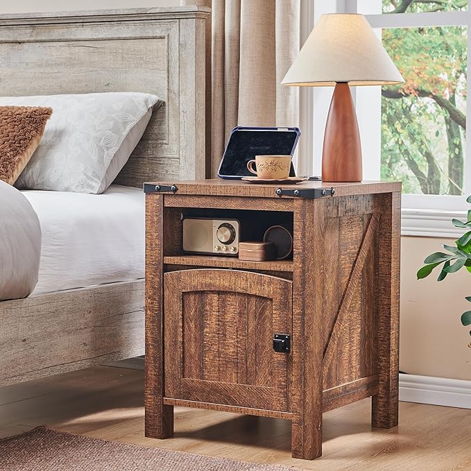 OKD Nightstand with Charging Station Set of 2, 18 Inchs Farmhouse End Table with Adjustable Storage Shelf, Rustic Wood Sofa Side Table for Living Room, Bedroom