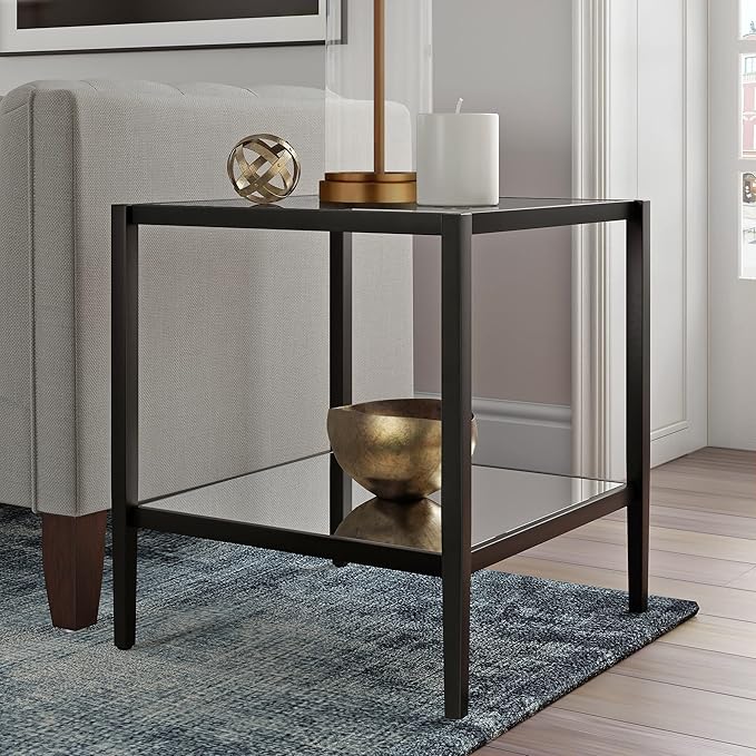 Henn&Hart 20" Wide Square Side Table with Mirror Shelf in Blackened Bronze, Table for Living Room, Bedroom