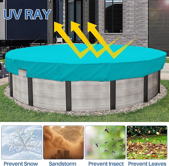 ECOOPTS 17 ft Waterproof Round Polyester Pool Cover for Above Ground Pools, Swimming Pool Cover Protector Winter Safety Cover (Turquoise)