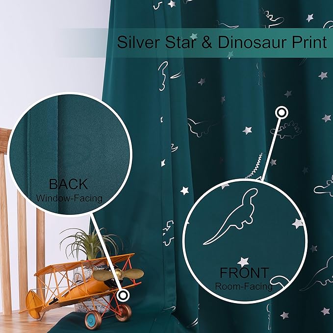 LORDTEX Dinosaur and Star Foil Print Blackout Curtains for Kids Room - Thermal Insulated Curtains Noise Reducing Window Drapes for Boys and Girls Bedroom, 52 x 45 Inch, Sapphire, Set of 2 Panels