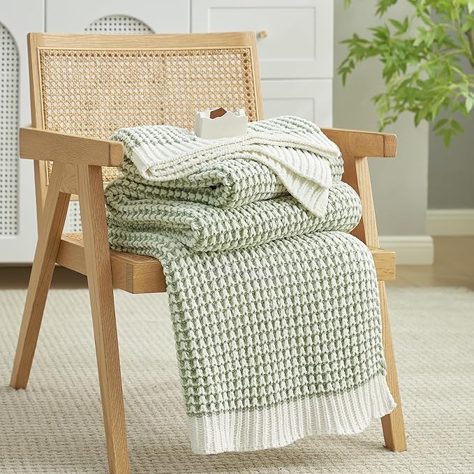 Amélie Home Waffle Chenille Throw Blanket for Couch, Pineapple Stitch Knit Soft Cozy Knit Blanket Decorative Throw for Sofa, Chair, 50"x60", Sage Green&Ivory