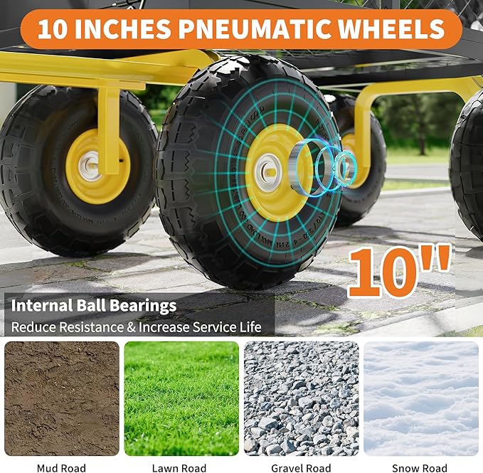 900 Lbs Garden Wagon, 2-in-1 Heavy-Duty Steel Garden Cart, with 10 Inch All-Terrain Tires and Removable Mesh Side Panels, 180° Rotating Handle, Metal Utility Yard Trailer, Outdoor Gardens Wagon Cart