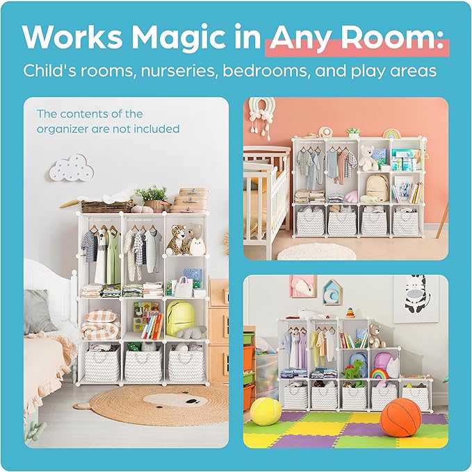 Baby Closet Organizer for Nursery: Durable Baby Wardrobe for Closet - Customizable Baby Dresser Amoire Shelves - Waterproof Shelf Clothes Organizer w/Wall Fixation (White)