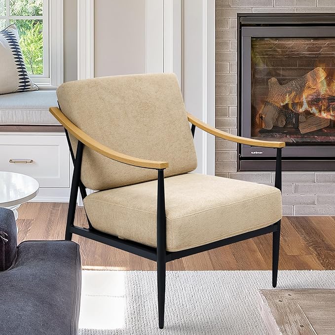 Modern Accent Chair for Living Room Bedroom Mid Century Arm Chair Upholstered Office Accent Chair Comfy Waiting Room Chair with Metal Frame, Khaki