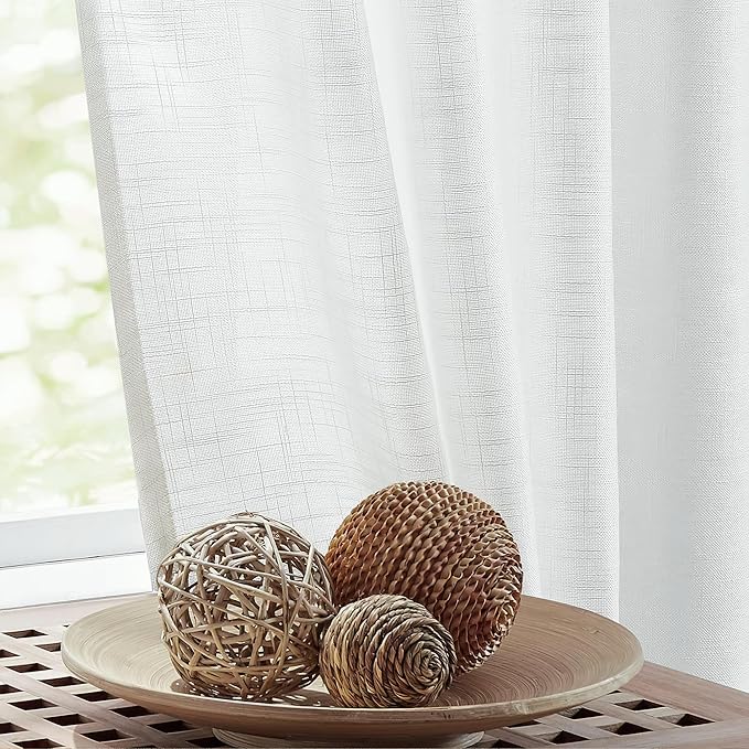 FMFUNCTEX Linen Semi Sheer Curtains for Bedroom, White Curtains 96 Inches Long for Living Room, Country Farmhouse Sheer Drapes, Light Filtering Window Curtain, Grommet Top 2 Panels