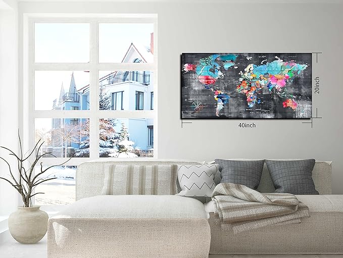 ZHAOSHOP Teal Bedroom Wall-Art - World Map Wall Decor - World Maps For Wall Ready To Hang Size 40" x 20"
