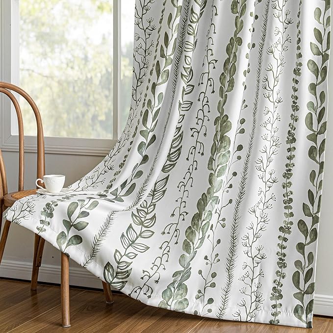 MEETSKY Sage Green Blackout Curtains 84 Inches Long 2 Panels Boho Curtains for Living Room Thermal Insulated Privacy Protection Rod Pocket Drapes for Bedroom, Leaf Print Window Treatment, 50" Wide