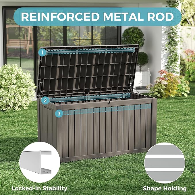 NUNU LAB 150 Gallon Outdoor Storage Box,Resin Large Sturdy Deck Box, Backyard Outside Storage Box Waterproof with Double Wall Panels,Package Delivery,Garden Outdoor Hose Bin