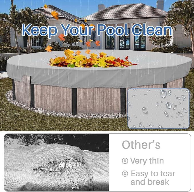 ECOOPTS 18 ft Waterproof Round Polyester Pool Cover for Above Ground Pools, Swimming Pool Cover Protector Winter Safety Cover (Light Grey)