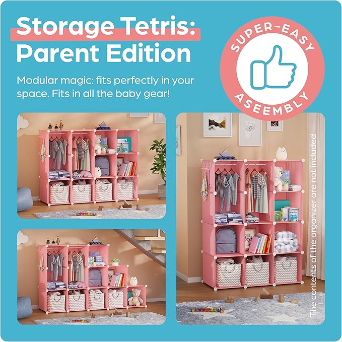 Baby Closet Organizer for Nursery - Durable Baby Wardrobe Armoire for Closet - Customizable Dresser Shelves - Waterproof Shelf Clothes Organizer w/Wall Fixation (Pink)