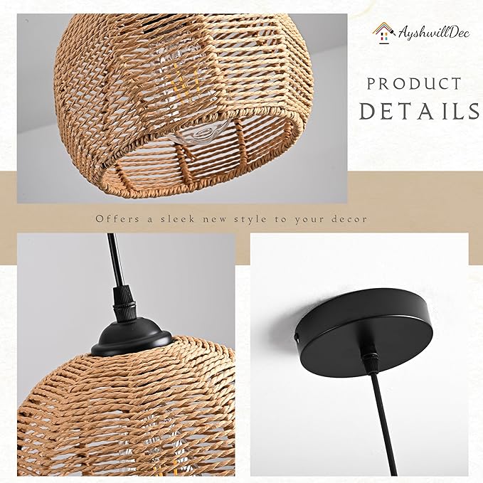 3 Pack Wicker Pendant Light Natural Woven Pendant Light Boho Chandelier Light Fixture Dome Rustic Farmhouse Pendant Lights Rattan Light Fixture for Dining Room Kitchen Island (Bulb Incl.)