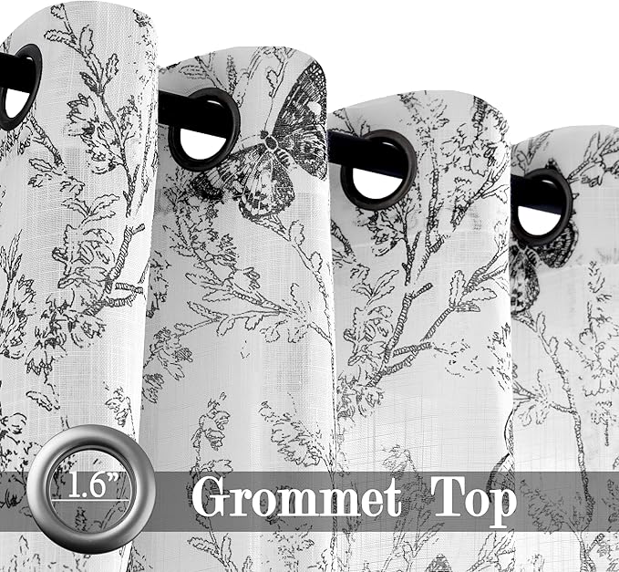 Jubilantex Butterfly Leaf Semi Sheer Curtains 63" L Curtain Panels for Kids Bedroom,Black Print on White Light Filtering Drapes,Grommet Top,2 Panels