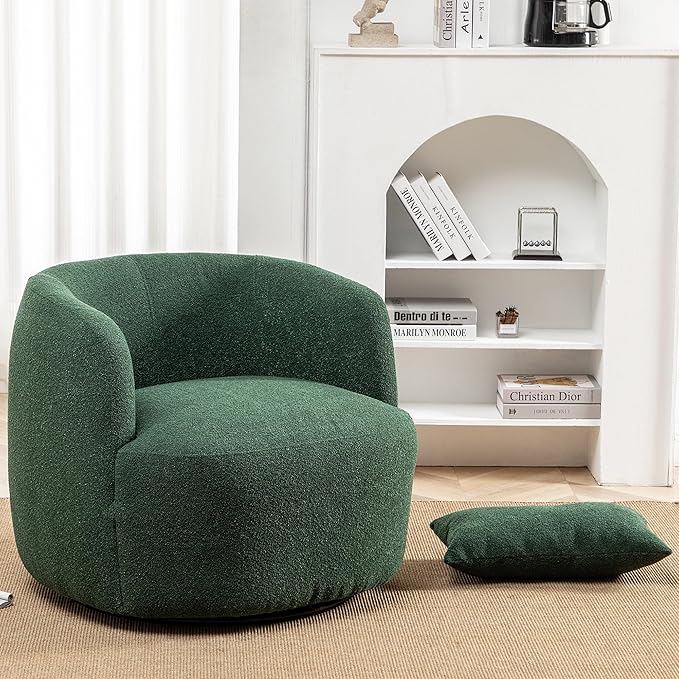 KINWELL 34" Wide Boucle Swivel Barrel Chair, No Assembly Round Upholstered Armchair Accent Chair Single Sofa Chair with Toss Pillow for Living Room and Bedroom, Green