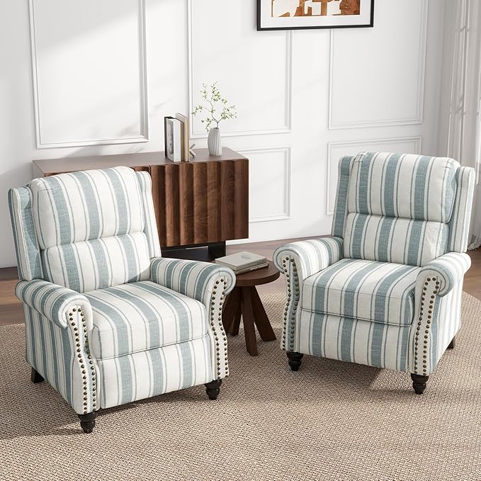UIXE Pushback Recliner Chairs Set of 2, Fabric Armchair Push Back Accent Chair, Rivet Trim Club Chair Home Theater Overstuffed Single Sofa Reading Seat for Living Room, Stripe Blue
