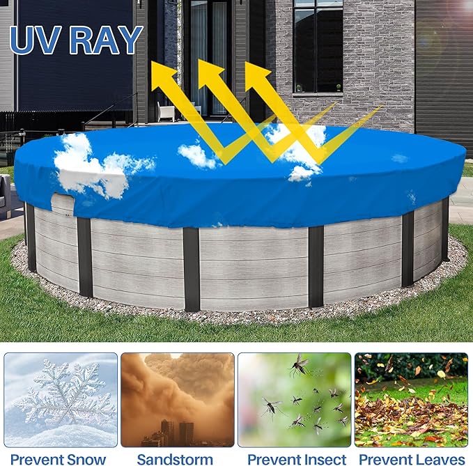 ECOOPTS 14 ft Waterproof Round Polyester Pool Cover for Above Ground Pools, Swimming Pool Cover Protector Winter Safety Cover (Blue Sky)