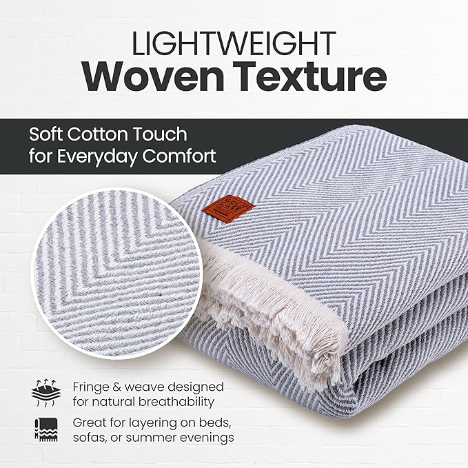 Gold Case Throw Blanket for Bed - 100% Recycled Turkish Cotton Blanket - Elegant Lightweight Soft Throw Blankets for Bed & Living Room - Twin Size Cozy Blankets - 71x90 - Grey