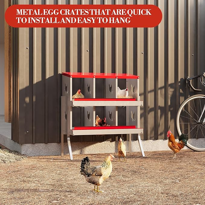 Chicken Nesting Boxes with Roll Away Egg Tray,6/8/10 Compartments, Steel Rustproof & Ventilated Laying Boxes for Hens, Chickens, Ducks, Easy-Clean Poultry Coop Accessories Stand/NO Stand
