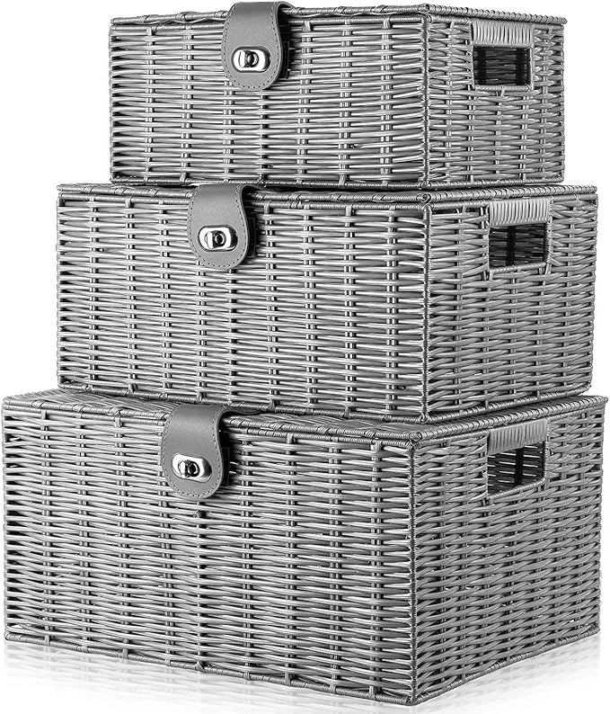 Set of 3 Woven Storage Basket Bin Wicker Hamper Stackable Box with Lid & Lock, Container Tote Cube Organizer for Nursery, Baby Toiletry, Diaper, Toys, Home Closet, Laundry, DVD, Book (Grey)