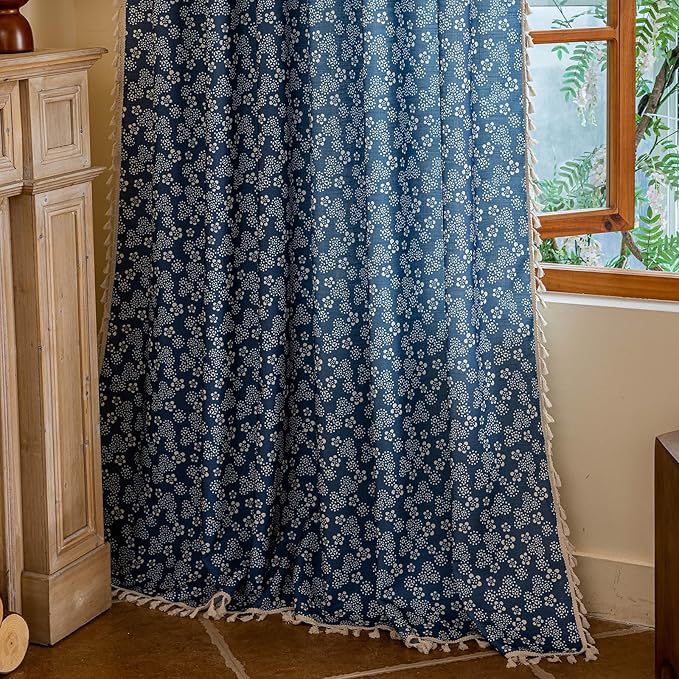 ENJOYBRIDAL White Floral Curtains 63 Inch Long Semi Sheer Navy Blue Drapes Short Decor Farmhouse Bedroom Window Curtains 2 Panel Sets Boho Tassel Rod Pocket Living Room Aesthetic Window Treatments