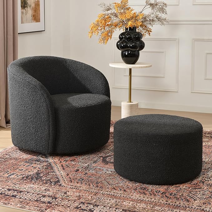KINWELL 34" W Mid Century Modern Swivel Barrel Chair, Round Upholstered Boucle Swivel Accent Chairs, No Assembly Sofa Chair for Living Room Bedroom Reading Apartment Lounge Nursery(Black)
