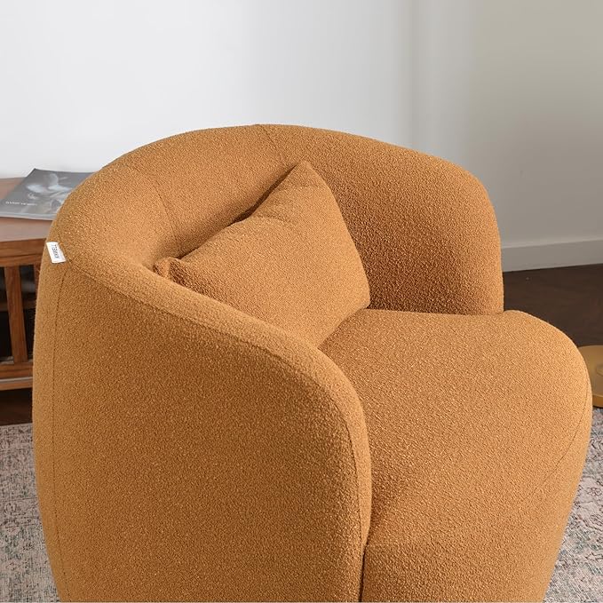 KINWELL 34" Wide Boucle Swivel Barrel Chair, No Assembly Round Upholstered Armchair Accent Chair Single Sofa Chair with Toss Pillow for Living Room and Bedroom, Brown