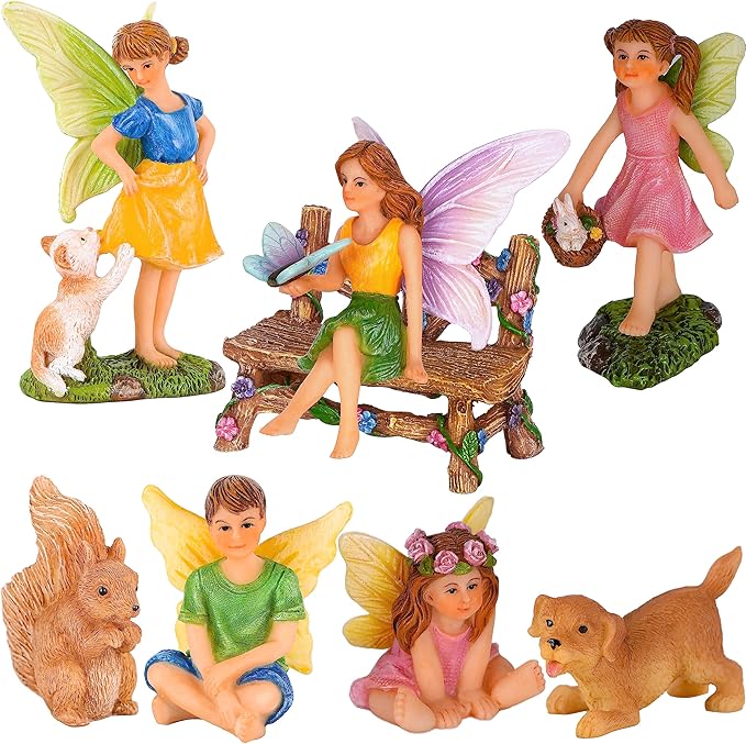Mood Lab Fairy Garden - Miniature Fairies Figurines with Animals - Statues & Accessories Decor Set of 8 pcs