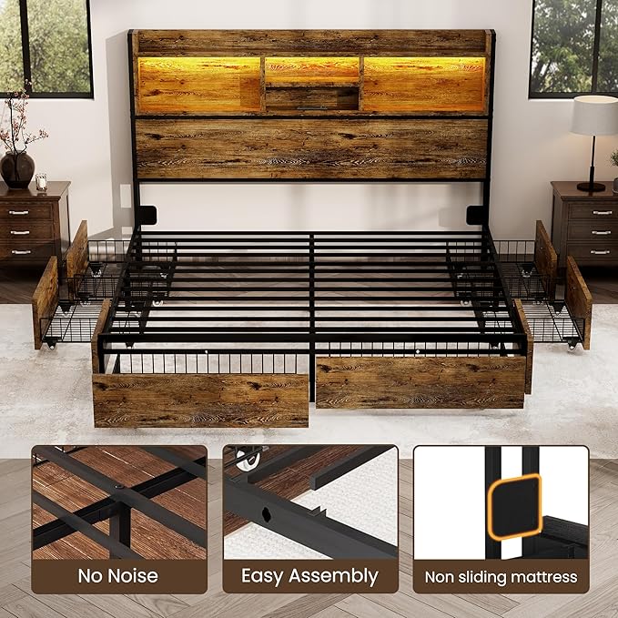 Queen Storage Bed Frame with 6 Drawers, USB Charging Station, No Noise